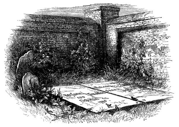 Benjamin Franklin’s grave at Christ Church Burial Ground in Philadelphia, Pennsylvania, USA. Vintage etching circa 19th century.