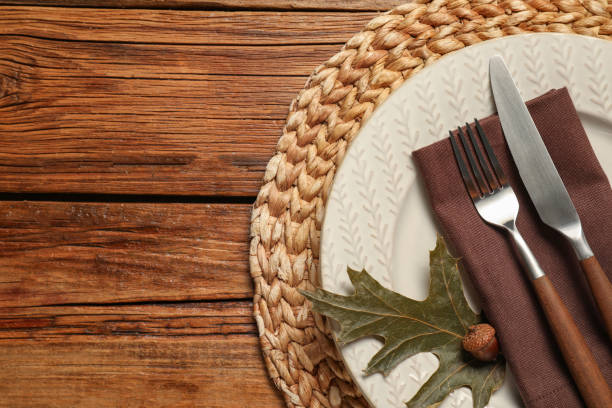 istock Stylish autumn table setting on wooden background, flat lay. Space for text 2155469368