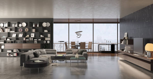 istock Illustration 3D rendering large luxury modern bright interiors Living room mockup computer digitally generated image 2155471263
