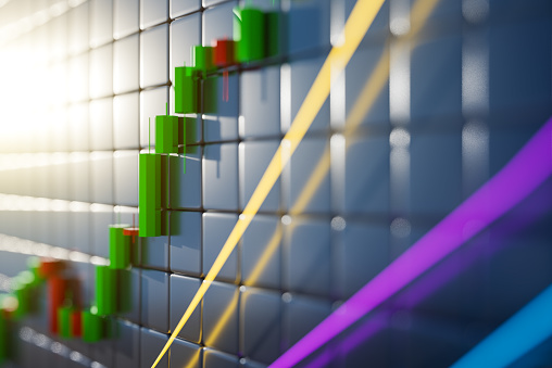 steigender graph: Über lizenzfreie lizenzierbare ... 3ddiagramm Mit Steigender Tendenz Candlestickchart Mit Indikatoren ...