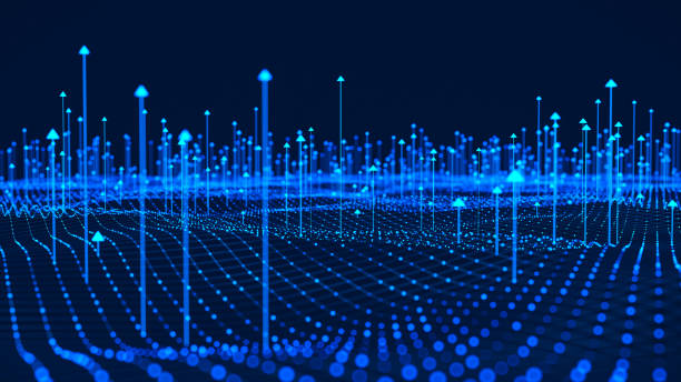 Digital Data Visualization with Rising Arrows and Network Grid A futuristic digital landscape depicting a network grid with numerous rising arrows, illustrating the data growth and connectivity. arrow up symbol stock pictures, royalty-free photos & images