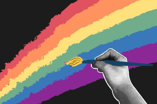 istock Trendy halftone collage on dark background. Hand with a brush painting a rainbow. LGBT rights campaign Colorful rainbow.Vector flat illustration for poster, postcard, banner, sticker. 2155481703
