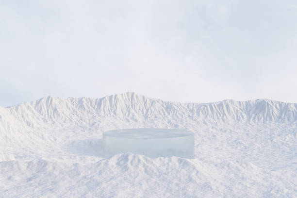 istock 3d render platform and Natural winter background, Ice podium on Snow peak above a vast landscape of frozen mountains for product stand display, advertising, mockup or etc 2155486084