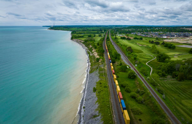 Spring in Port Hope: The train is heading towards Toronto along Lake Ontario，Canada