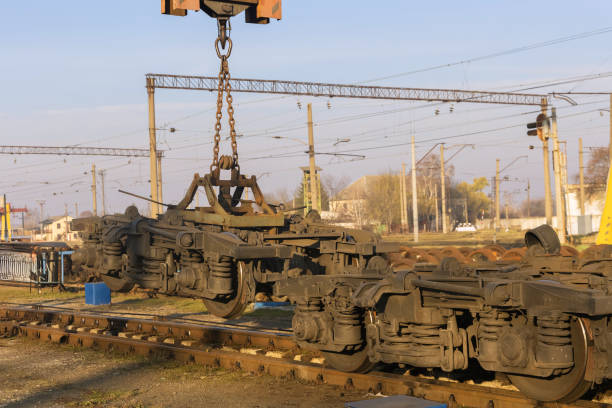 Railway car wheels on railway junction during wait repair