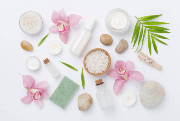 istock Composition with orchids, spa products on color background, top view 2155497279