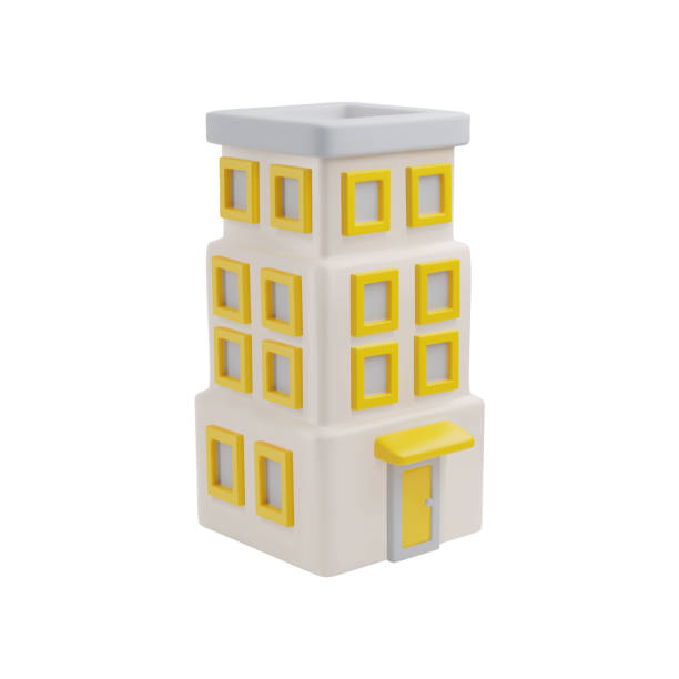 Three floors building 3D style vector, isometric house hotel or office apartment isolated, real estate construction icon Three floors building 3D style vector illustration. Cartoon isometric house, hotel or office apartment isolated. Real estate construction with yellow decor icon. Volume kids resident toy, game asset cartoon of hotel stock illustrations