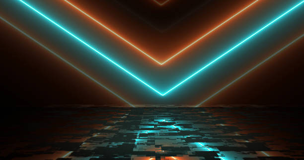 istock Neon arrows moving downwards illuminated neon light glowy background. Physics symmetry engineering technology cyber stage forward moving navigation arrows with its reflection. Matrix laser 3d. 2155502781