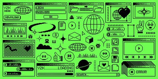 Rave y2k computer window page, vector pc desktop Rave y2k computer window page. Vector pc desktop with interface folders, loading bar. Program error, e-mail, browser and menu icons. Acid toxic green screen background in old 2000s aesthetic style windows folder icon stock illustrations