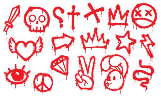 Graffiti red spray paint, grunge element. Vector set of street art style icons and rebellious symbols. Skull, cross, crown, peace sign, and heart with wings, sword, star, rabbit or diamond, eye, flash