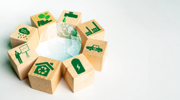 istock The globe is inside a glass globe surrounded by wooden blocks with eco-friendly campaign icons. 2155508355