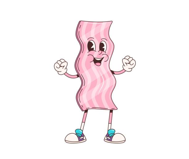 Cartoon retro groovy bacon character. Isolated vector cheerful meaty hippie slice smiles with joy, bringing crispy delight to the breakfast table. Happy food personage in nostalgic funky style of 60s