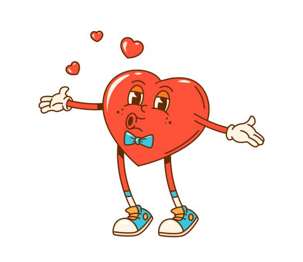 Retro groovy love heart character sending kisses, Valentines Day vector personage. Cute cartoon heart with vintage bow tie and and funny shoes blowing a kiss. Happy smiling emoticon of love and hugs