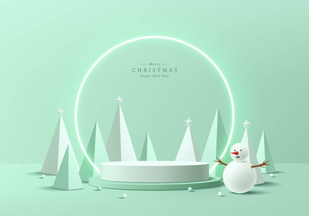 istock Christmas 3D podium background. Green round podium with neon light, Snowman, christmas tree in pyramid shape. Platform mockup product display presentation. Abstract composition minimal. Stage showcase 2155509900
