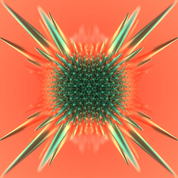 3d rendering digital illustration with shiny metallic symmetrical ferrofluid organic blob. Abstract geometric pattern for cover design. Modern background. Contemporary art