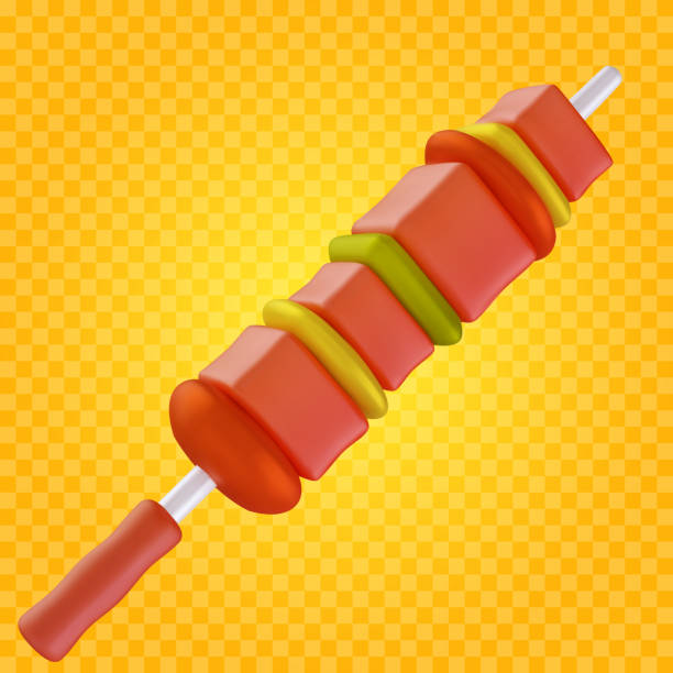 istock Shish kebab in 3d cartoon style. Cute realistic render element isolated on transparent background. Soft plastic or clay child toy. Vector illustration. 2155511200