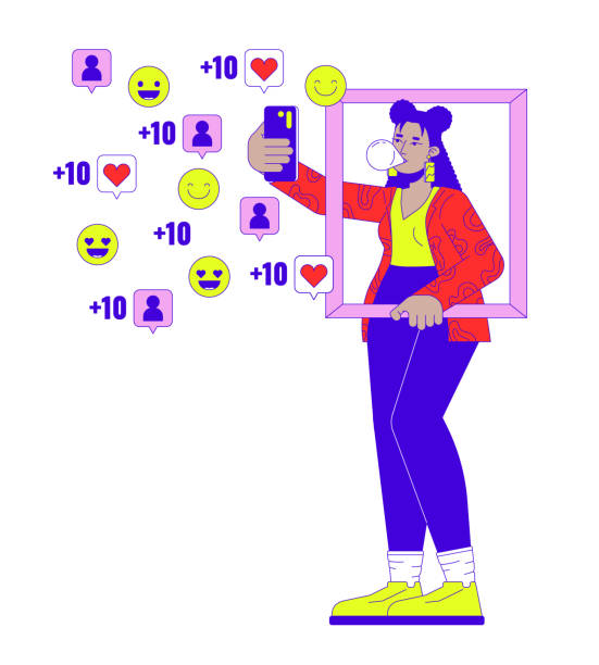 istock Internet celebrity taking selfie for social media 2D linear illustration concept 2155511501