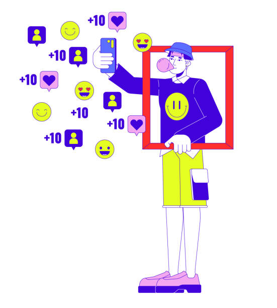 istock Male influencer selfie posting on social media 2D linear illustration concept 2155511505