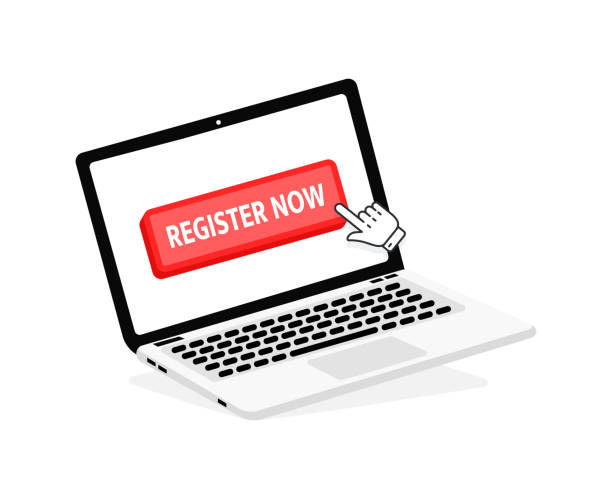 Register Now text on Laptop screen with a red button . Button with pointer clicking. Finger Pressing Register Now text on Laptop screen with a red button . Button with pointer clicking. Finger Pressing. education registration event stock illustrations