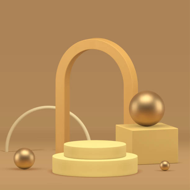 istock 3d cylinder step podium pedestal with beige arch and golden sphere realistic vector illustration 2155512953