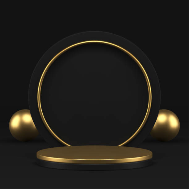 istock Luxury elegant 3d podium cylinder pedestal with golden ring wall black display realistic vector 2155512973