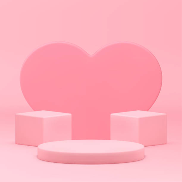 istock Pink geometric 3d podium pedestal neutral showroom display with heart realistic vector 2155513058