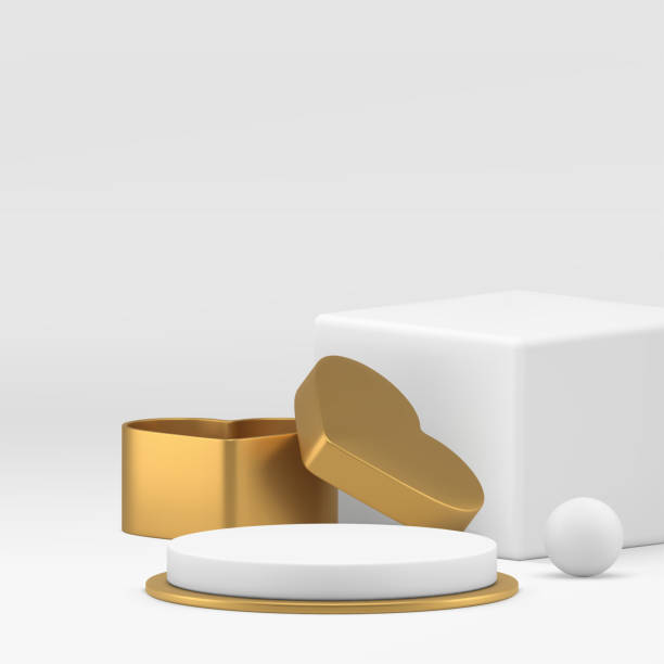 istock Luxury white 3d podium pedestal with golden heart gift box for product show realistic vector 2155513087