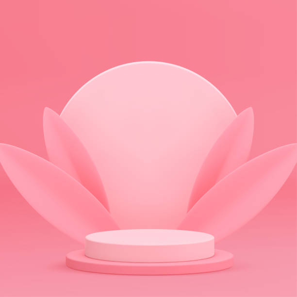istock 3d pink cylinder podium pedestal with wall and decorative leaves for product show realistic vector 2155513095