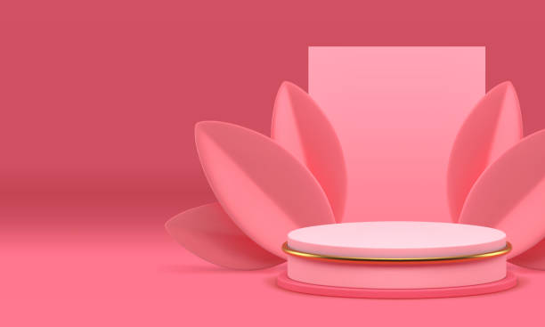 istock Pink elegant 3d showroom luxury podium pedestal with leaves realistic vector illustration 2155513203