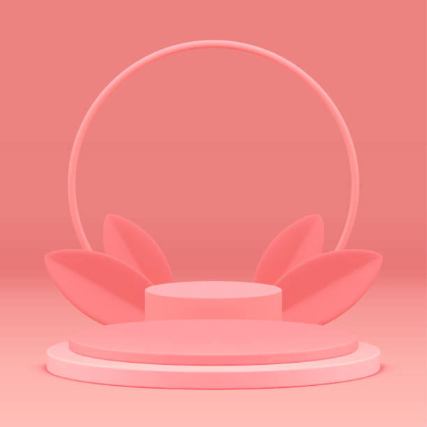 istock Pink elegant 3d podium stage with leaves mock up for beauty cosmetic show realistic vector 2155513356