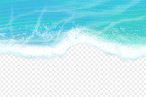Realistic sea wave top view. Ocean soapy blue waves down border aerial background, transparent coast marine foam natural lake beach water coastline travel exact vector illustration of realistic sea