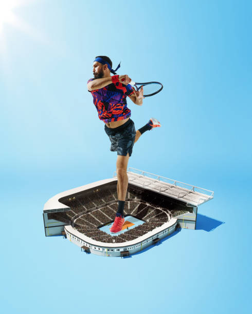 istock Dynamic image of competitive and focused man, tennis player in motion during game over small stadium. Creative collage. 3D render. 2155514944