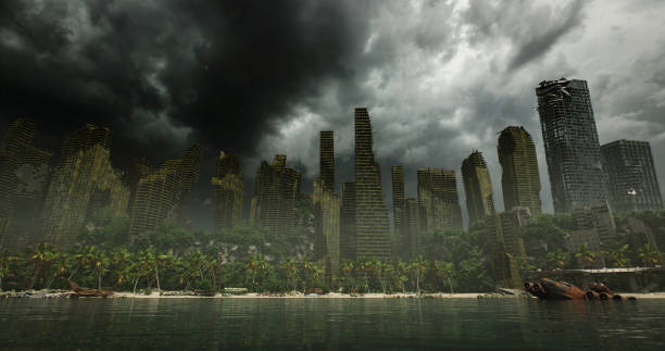 istock Abandoned Cityscape with Overgrown Buildings and Dark Clouds 2155516211