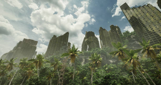 istock Abandoned Urban Ruins Overgrown with Lush Jungle Foliage 2155516218