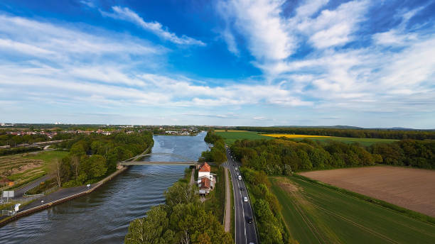 istock A beautiful natural landscape with a river, trees, and fields seen from above Mittellandkanal Hanover Seelze Germany FPV Drone view 2155517192