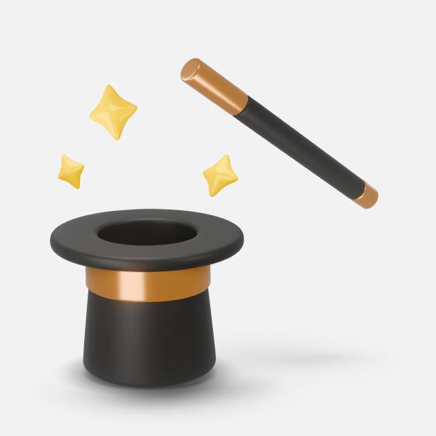 istock 3d rendering illustration of a Cylinder magic hat with golden ribbon and fairytale wand with a yellow, golden stars around. Vintage man fashion and magic show concept. Vector art isolated on white 2155519191
