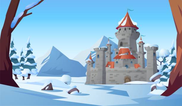 istock Winter landscape of kingdom in the forest vector, vintage castle with mountains and snowdrifts, medieval stone palace 2155520779