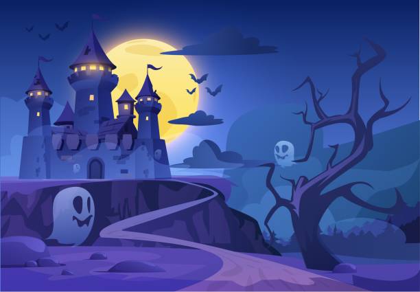 istock Vector illustration in fantasy style with a fortress, a huge moon and terrifying ghosts 2155520792