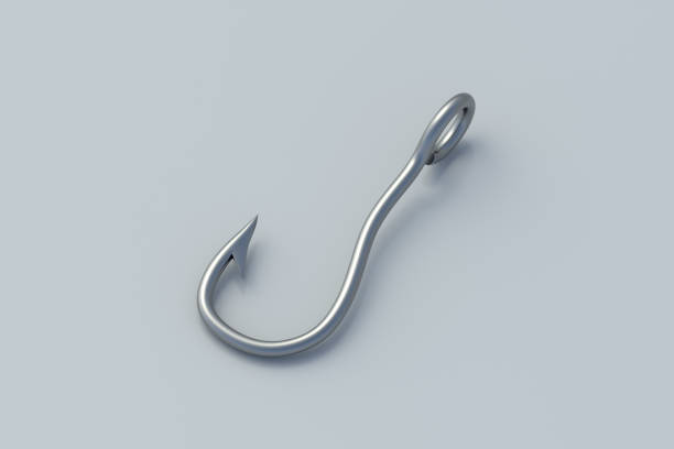 Fishing hook on gray background. Metallic fishhook. Professional angling equipment. Outdoor sport or hobby. 3d render