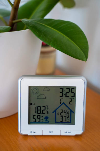 istock Digital thermometer and hygrometer next to potted plant 2155522499
