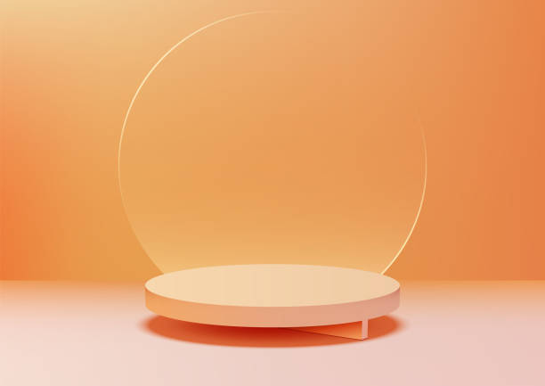 istock A minimalist orange toned podium with a circular transparent glass backdrop, in soft lighting. Ideal for product displays 2155524977