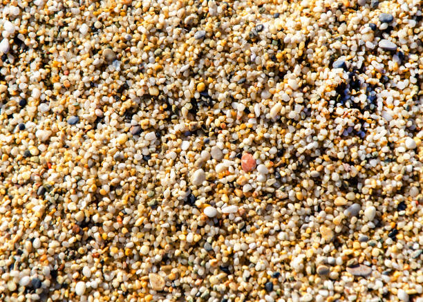 Texture of golden sand on the beach. Close-up of colorful shiny pebbles. Beautiful beach sand texture as background. space for text
