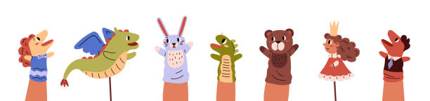 Handle or fingers puppets set vector flat illustration. Cartoon fairy tale toy heroes princess, dragon and animals. Childish theater dolls collection isolated on white background. Kids entertainment