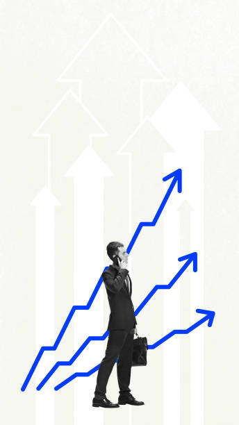 istock Businessman talking on mobile phone with multiple upward arrows. Strategic progress. Forward-thinking and proactive communication Conceptual design. Art collage. 2155529266
