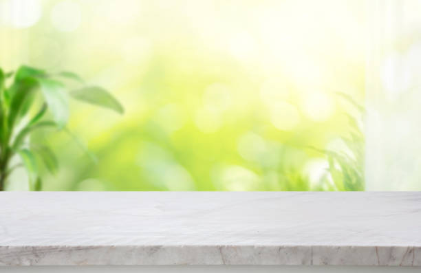 istock Selective focus.Elegance product display background with marble top on blur big window and fresh garden. 2155529732