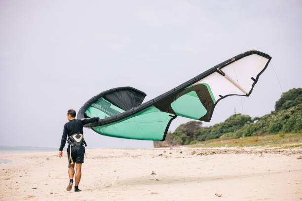 Kite surfer in wetsuit, walking on the beach while holding his kite