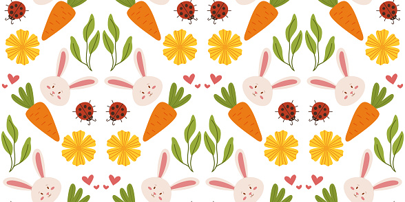 Seamless Spring Easter Pattern With Flowers Carrots Ladybug And Bunnies ...