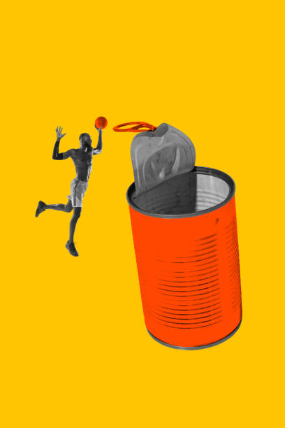 Creative composition with man, basketball player in motion, throwing ball into empty can on yellow background. Contemporary art collage.