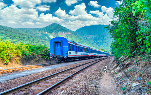 Hai Van pass, Hue , Vietnam - April 14th, 2024: Train and railway on Hai Van pass, North Hai Van station, Hue, Vietnam