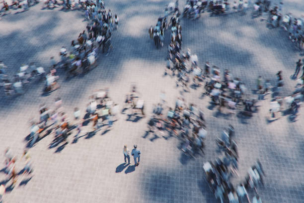 Business couple watching people running around in circles. 3D generated image.
